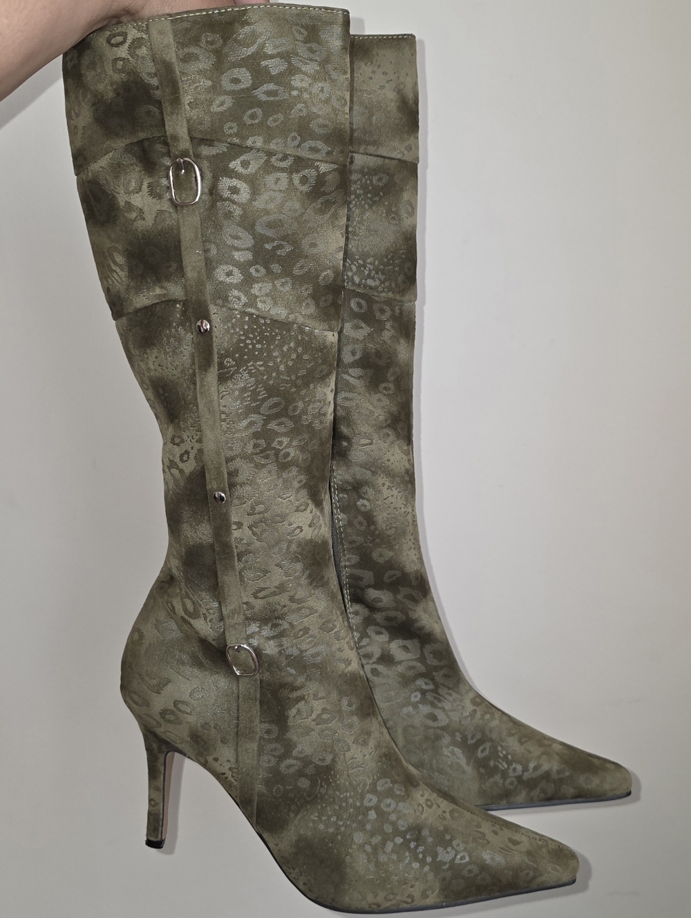 Wild Rose Olive Green Patterned Knee-High Heeled Boots